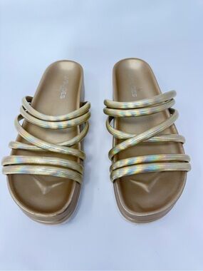 J Slides Tess Gold Iridescent Multi-Strap Slide Sandals